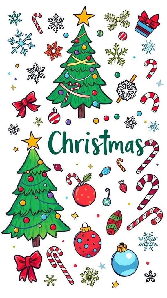 A collection of colorful Christmas doodles including trees, snowflakes, and ornaments on a light background.